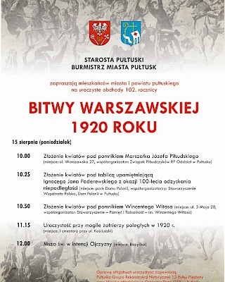 Zaproszenie na obchody 102 rocznicy Bitwy Warszawskiej 1920 Roku